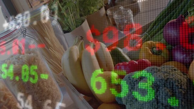 Faint market ticker sliding across counter, triggered by market feed, overlaying numbers on produce