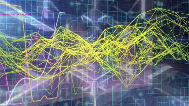 Yellow mesh waveform reacting to left plots, tightening and jittering, mapping rising data in 3D