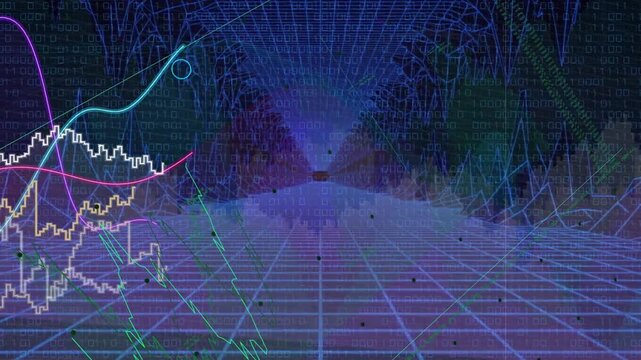 Left-edge waveforms moving into neon grid, adding colored traces and nodes, showing data growth
