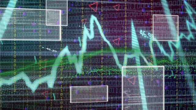 On data pulse cyan waveform moving right over binary while panels sliding, marking peaks for stats