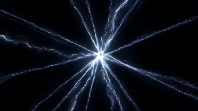 Lightning electric burst with bright white center and radiating blue lines on black background featuring energy, spark, electricity with flash and