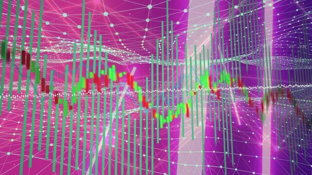 On data update, 3D chart moving candles rising, dipping, teal bars sliding, showing price trends