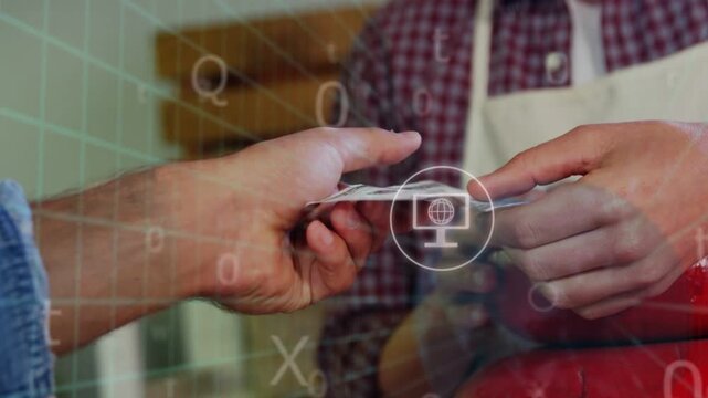 Retail buyer pushing cash through mesh glass, clerk taking payment, icons shifting over hands