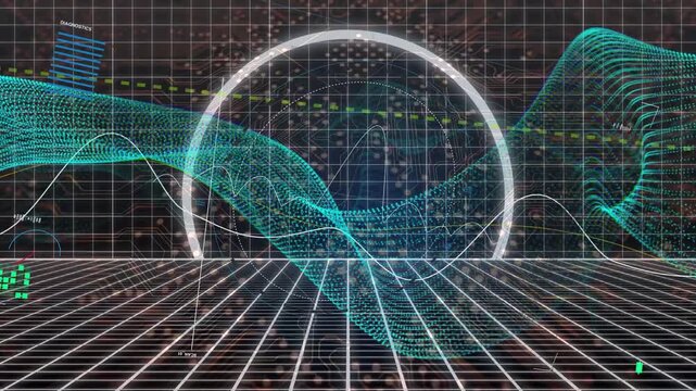 Turquoise mesh entering from left sweeping through luminous ring, undulating and showing data peaks
