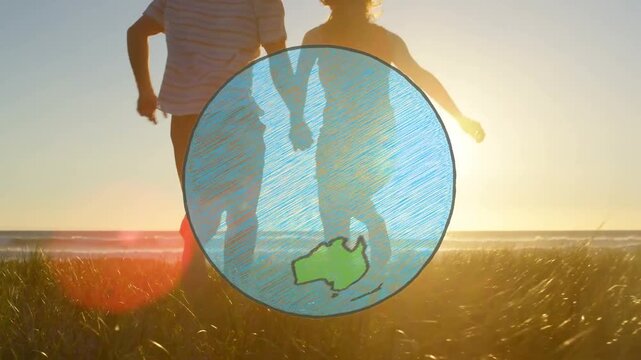 Couple holding hands moving over dunes toward ocean, travel globe fading in rotating over figures