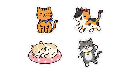 Fototapeta premium Four cartoon cats playing and sleeping on a pink cushion indoors