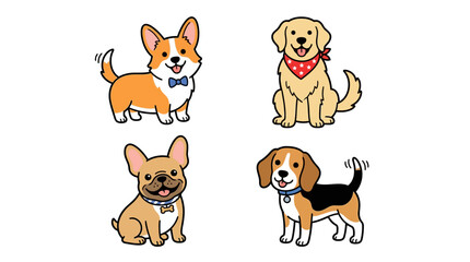 Fototapeta premium Four dogs with colorful collars standing and sitting together outdoors.