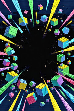 Bright explosion of a LEGO construction set in space, dynamic colored bricks