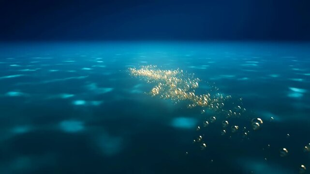 Bubbles a swarm of golden rising through dark blue water with sunlight reflection featuring underwater, ocean, sea with shiny and reflective elements