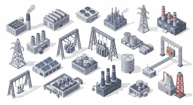 Collection of isometric industrial buildings and structures, including factories, power lines, and storage tanks.