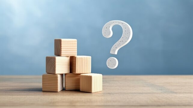 Stack of five wooden cubes with a floating white question mark symbol