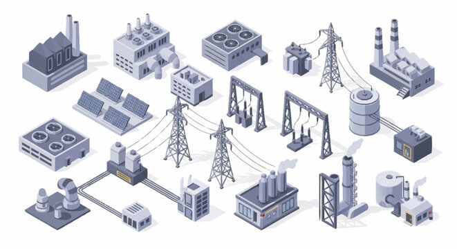 Isometric illustration of various industrial power generation and distribution elements, including factories, solar panels, cooling towers, and power lines.
