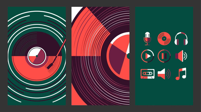 Abstract Music And Sound Icons Featuring Vinyl Record And Turntable Elements