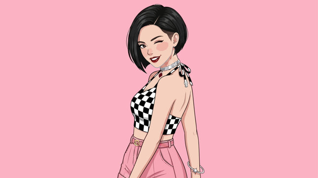 Stylish young woman with short haircut and trendy checkered halter top, looking over her shoulder on a pink background, exuding confidence and modern fashion