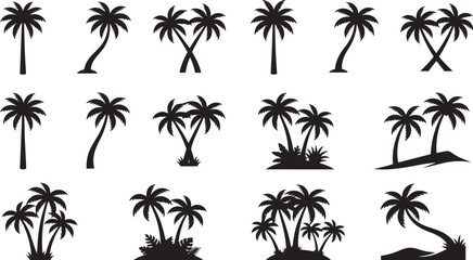 Obraz premium Tropical Palm Tree Silhouette Vector Set Featuring Coconut Palms Growing in Diverse Clusters and Shapes for Summer Beach Vacation Graphic Design Elements