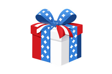 Fototapeta premium Red white and blue gift box with star patterned ribbon and bow, festive present vector illustration isolated on transparent background