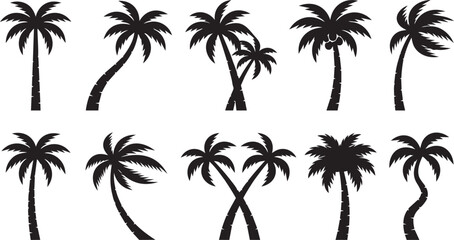 Fototapeta premium Tropical Palm Tree Silhouette Vector Set Featuring Isolated Coconut Palms in Various Creative Poses and Shapes for Summer Beach Vacation Graphic Design