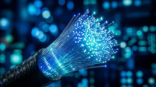 Fiber optic cables emitting blue light in close-up macro technology background
