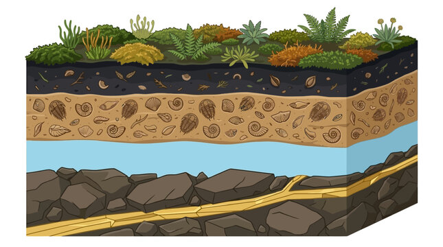 Stratified Ecosystem: A cross-section reveals the intricate layers of an ecosystem, showcasing soil strata, fossil-rich sediment, an aquifer, and bedrock, topped with diverse plant life.