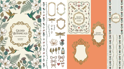 Naklejka premium Ornate Botanical Elements Collection: A richly detailed collection of vintage-inspired botanical illustrations, featuring hummingbirds, magnolias, thistles, dragonflies, and ornate decorative frames.