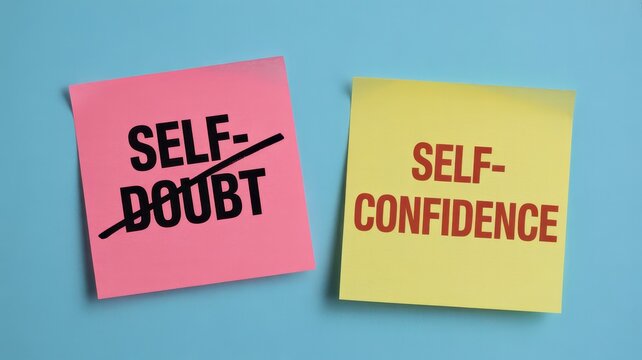 Concept of overcoming self-doubt and building self-confidence on blue background