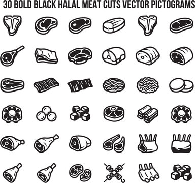 Bold black halal meat cuts vector pictograms for butcher shop menu.