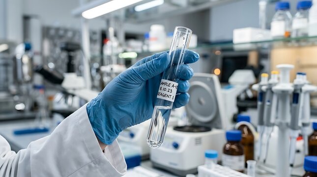 Scientist in protective gloves holding test tube with liquid in modern laboratory setting