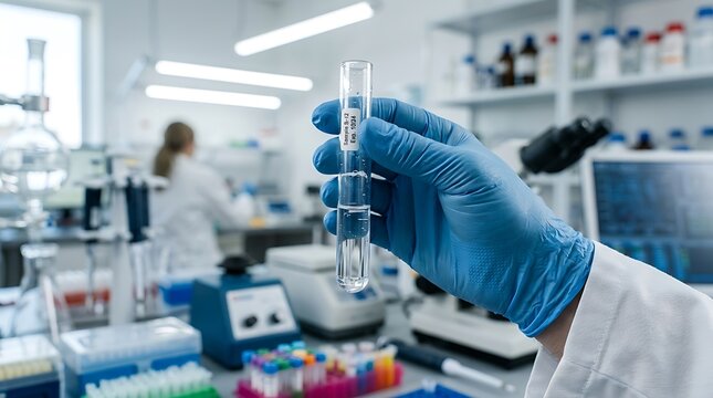 Scientist in protective gloves holding test tube in modern laboratory setting