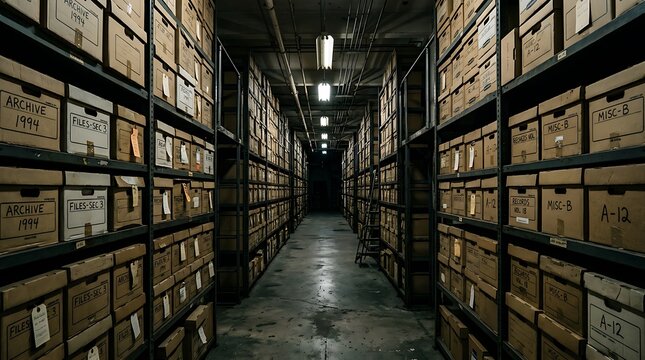 Empty warehouse aisle with tall metal shelves stacked with cardboard boxes in dim lighting industrial storage space