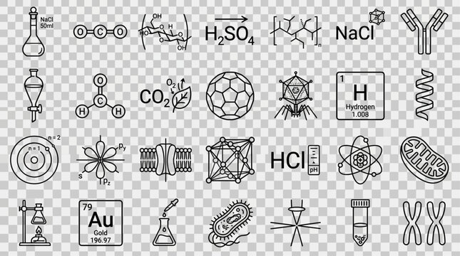 Science Icons Collage: A collection of scientific symbols and molecular diagrams, including chemical formulas, atoms, cells, and laboratory equipment, displayed against a transparent background.