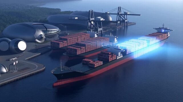 Robot cargo ship at port with autonomous navigation screens and loading containers in futuristic maritime logistics scene