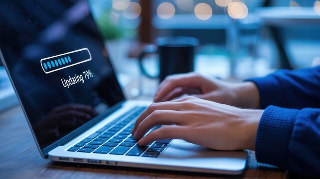 Person typing on laptop keyboard with software update progress bar on screen