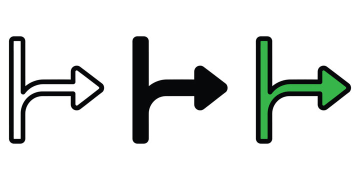 Set of three arrow icons showing a turn direction for signs and navigation