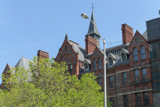 roofline of The Royal Conservatory of Music, originally McMaster Hall, designed by Langley, Langley & Burke, 1881, 273 Bloor St W, Toronto