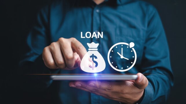 Man using digital tablet for online loan with money bag and clock