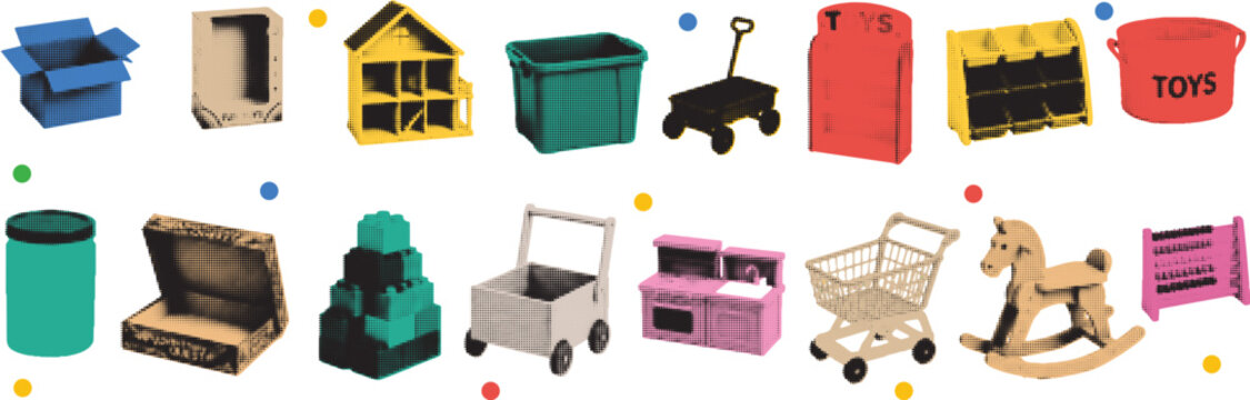Halftone pop art dot halftone collage elements set cut out baby toy storage collection isolated transparent background vector illustration