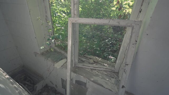 Abandoned Building Broken Window Top-Down Slow Motion Tilt-Down Shot | Collapsed Frame Debris Peeling Paint Overgrown Vegetation | Derelict Interior Decay Ultra Wide Angle View