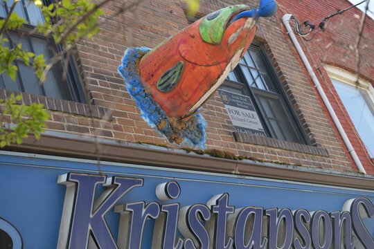 projecting novelty fish and sign on the facade of Kristapsons' Smoked Salmon, a gourmet grocery store, located at 1095 Queen St E, Toronto