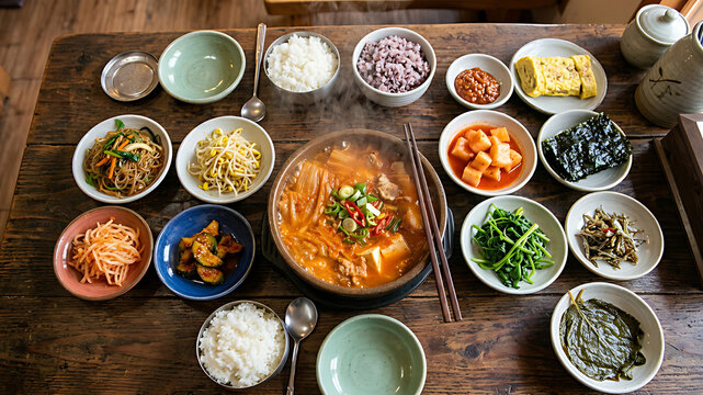Assortment of colorful spices and herbs in small bowls on rustic wooden table top view