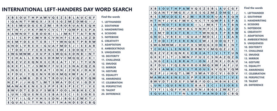 International left handers day word search puzzle worksheet