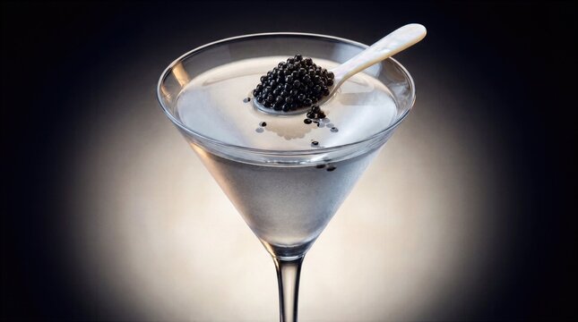 Decadent Martini with Caviar Overflowing Mother-of-Pearl Spoon