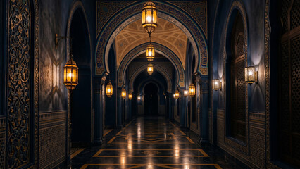 Fototapeta premium Elegant Islamic corridor interior with glowing lanterns, dark blue arches, and luxurious Arabic architecture creating a cinematic spiritual atmosphere.