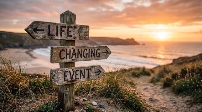 Life Changing Event Signpost on Scenic Ocean Cliff Path at Sunset Motivation Future Choice Concept