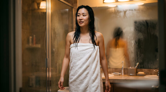 Young woman wrapped in towel standing in warm bathroom after taking shower