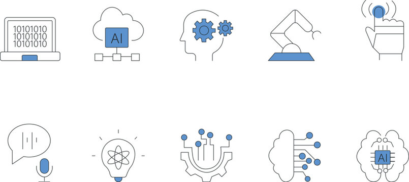 mart technology and future innovation minimal icons. Vector line art pack including digital transformation, data coding, voice recognition, and cyber brain