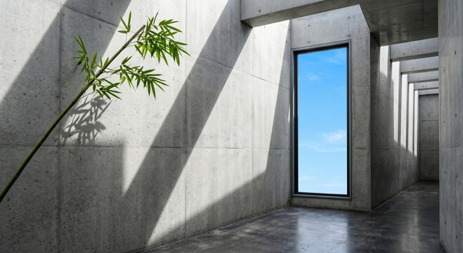 Modern minimalist Japanese architecture with raw concrete walls, a large window viewing blue sky, and a bamboo branch