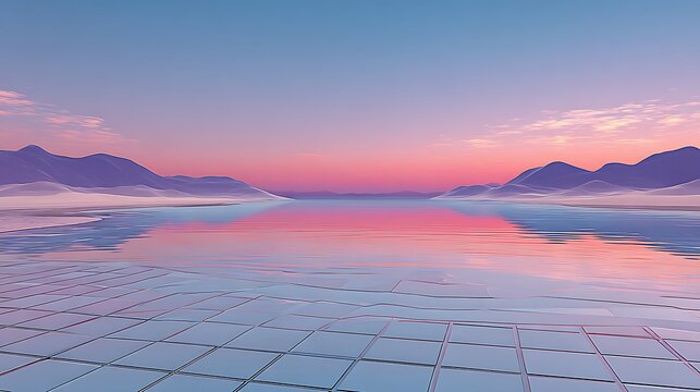 Tiled floor leading to a calm sea with distant mountains under a pink and blue sunset sky