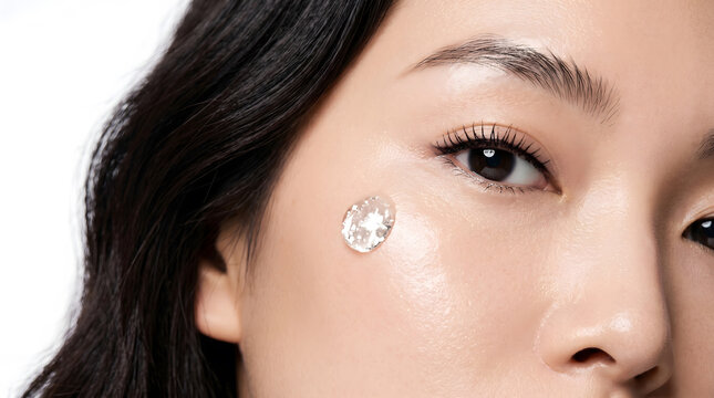 Young woman with glowing skin and sparkling crystal gem placed on cheekbone closeup portrait