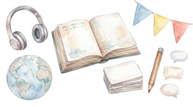 Watercolor book globe headphones pencil flashcards speech bubbles and colorful flags for language learning and education concept with soft pastel tones