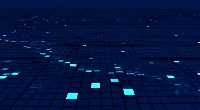 Abstract grid surface rising into glowing pillars of blue and pink light, representing digital processing, data visualization, cybernetic growth, and information flow